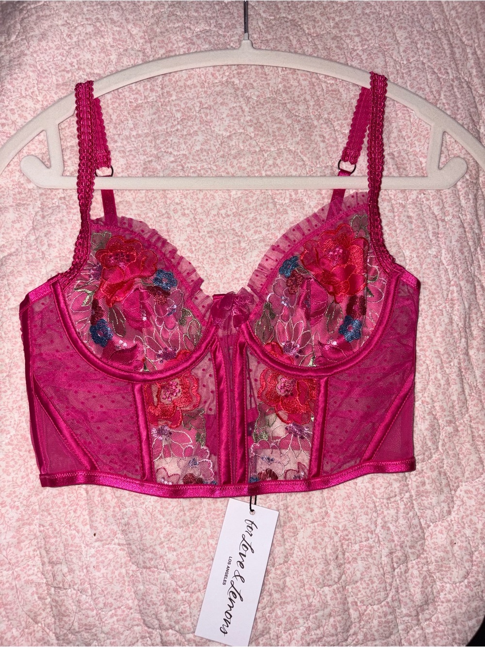 For Love And Lemons Hot Pink Floral Embroidered Longline Bustier corset